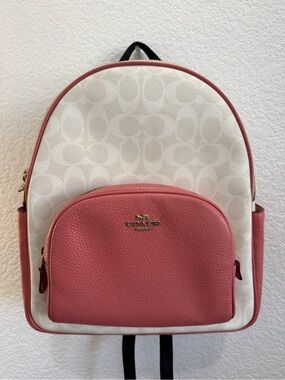 Coach White Signature Canvas Backpack with Pink Pocket and Trim Vintage Coach Pink Hampton Monogram Clip Hobo Shoulder Bag  main image 2